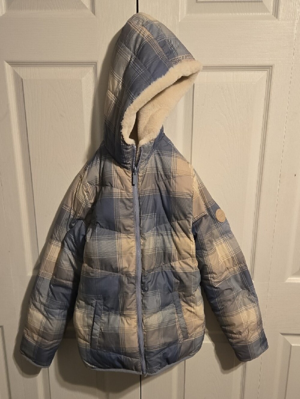 Abercrombie & Fitch Reversible Cream / Blue/ Tan Hooded Puffer Jacket for Kids